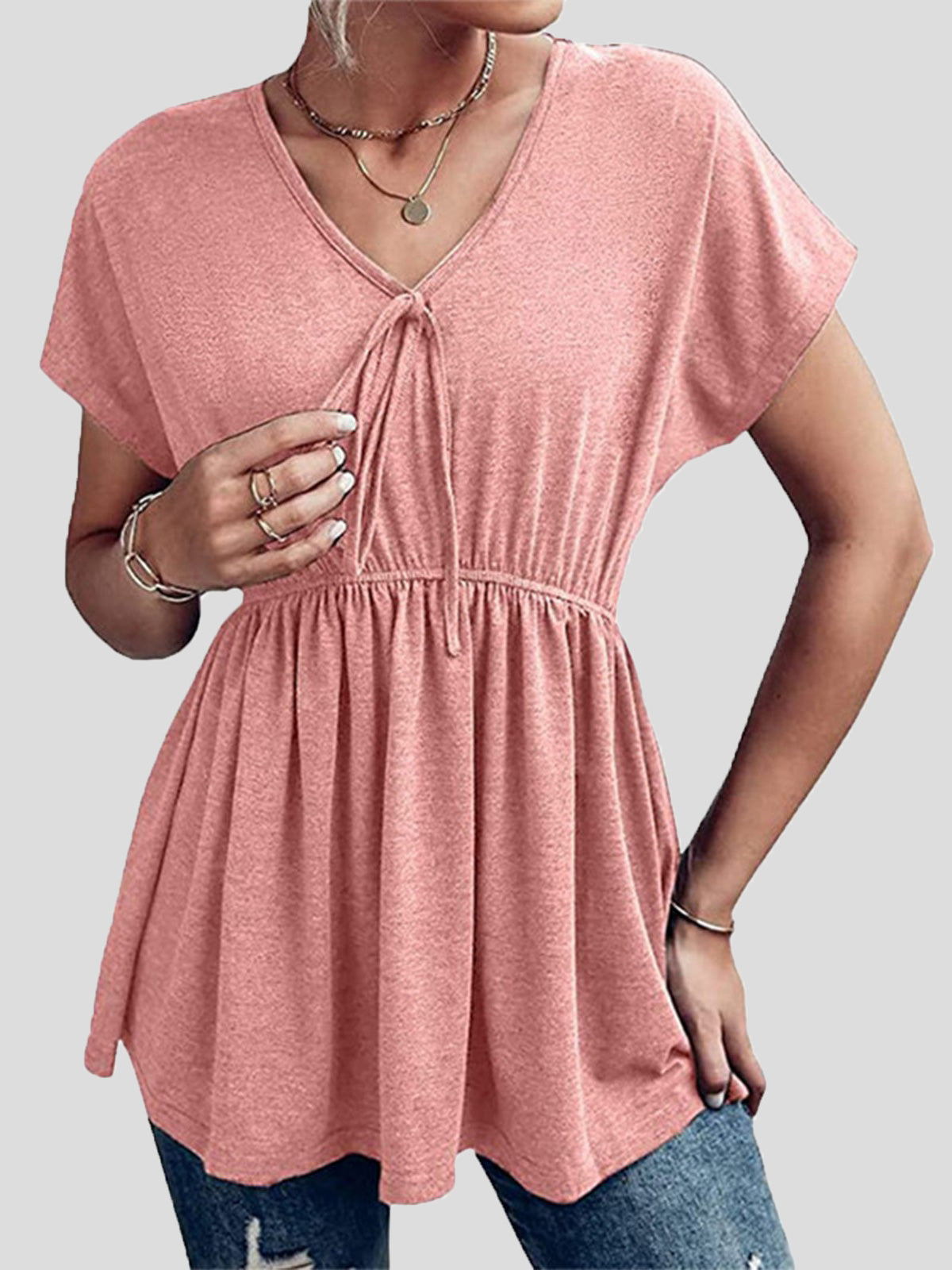 Women's T-Shirts Loose V-Neck Gathered Short Sleeve T-Shirt
