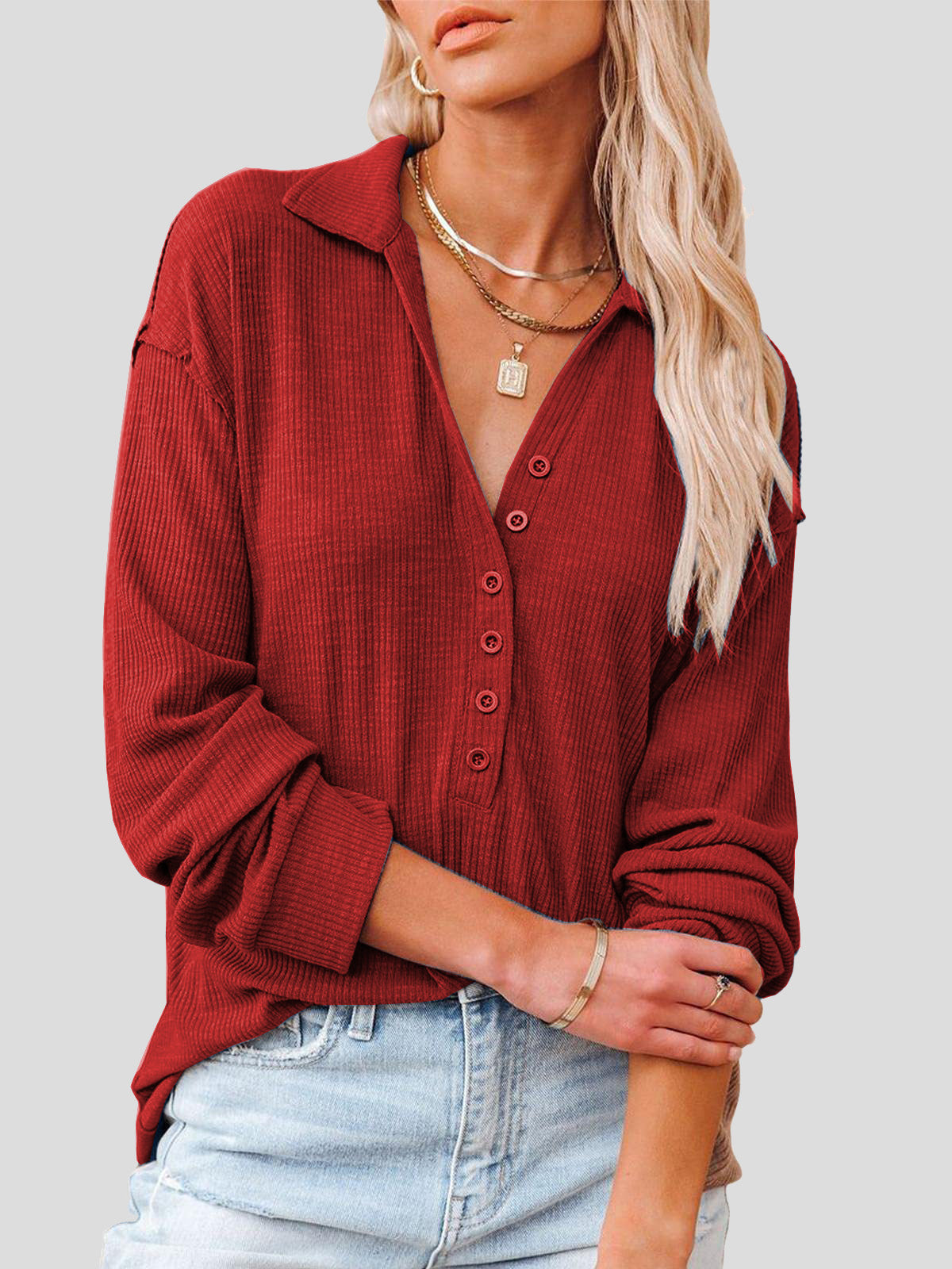 Lapel Fashion Buttoned Long Sleeve Blouses