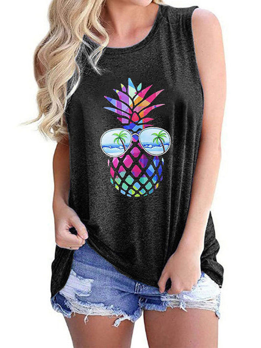 Colorful Pineapple Print Round Neck Sleeveless Tanks Top