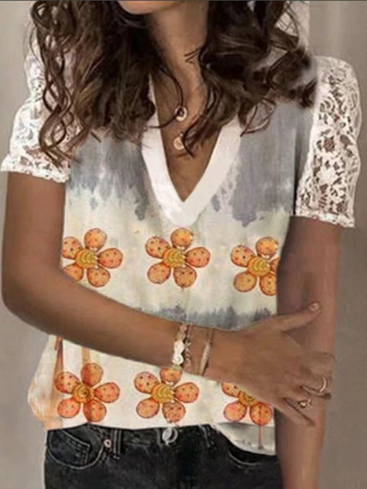 Women's T-Shirts Loose V-Neck Floral Print Lace Short Sleeve T-Shirt