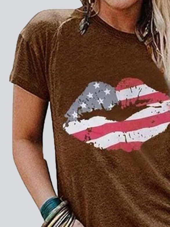 Lip Print Round Neck Short Sleeve T-shirt