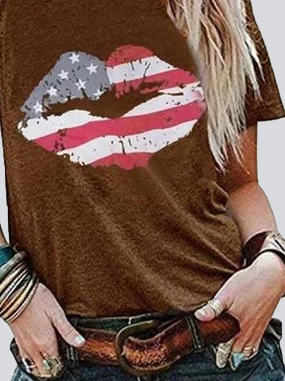 Lip Print Round Neck Short Sleeve T-shirt