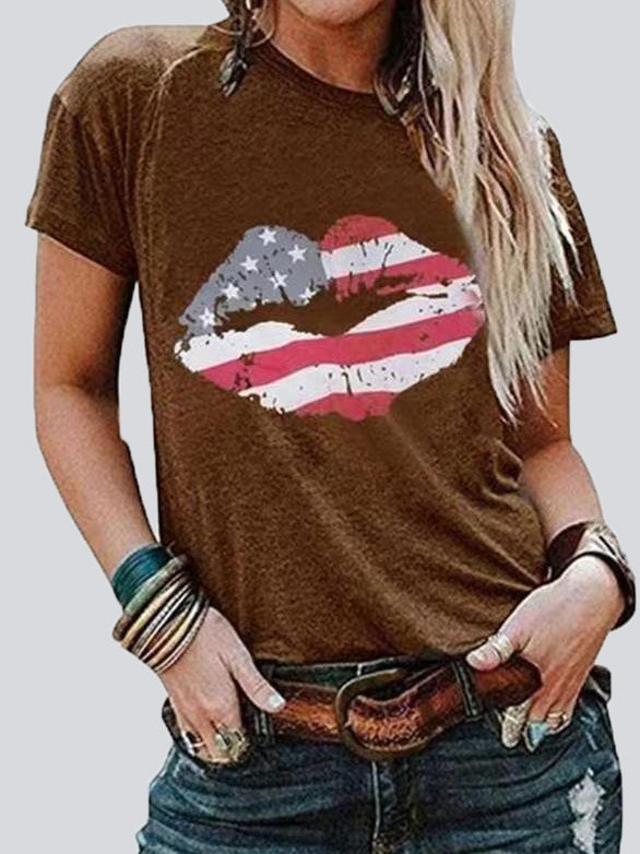 Lip Print Round Neck Short Sleeve T-shirt