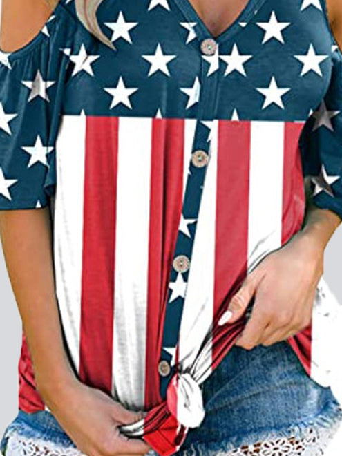 Casual Star Stripe Off-shoulder Button Top T-shirt