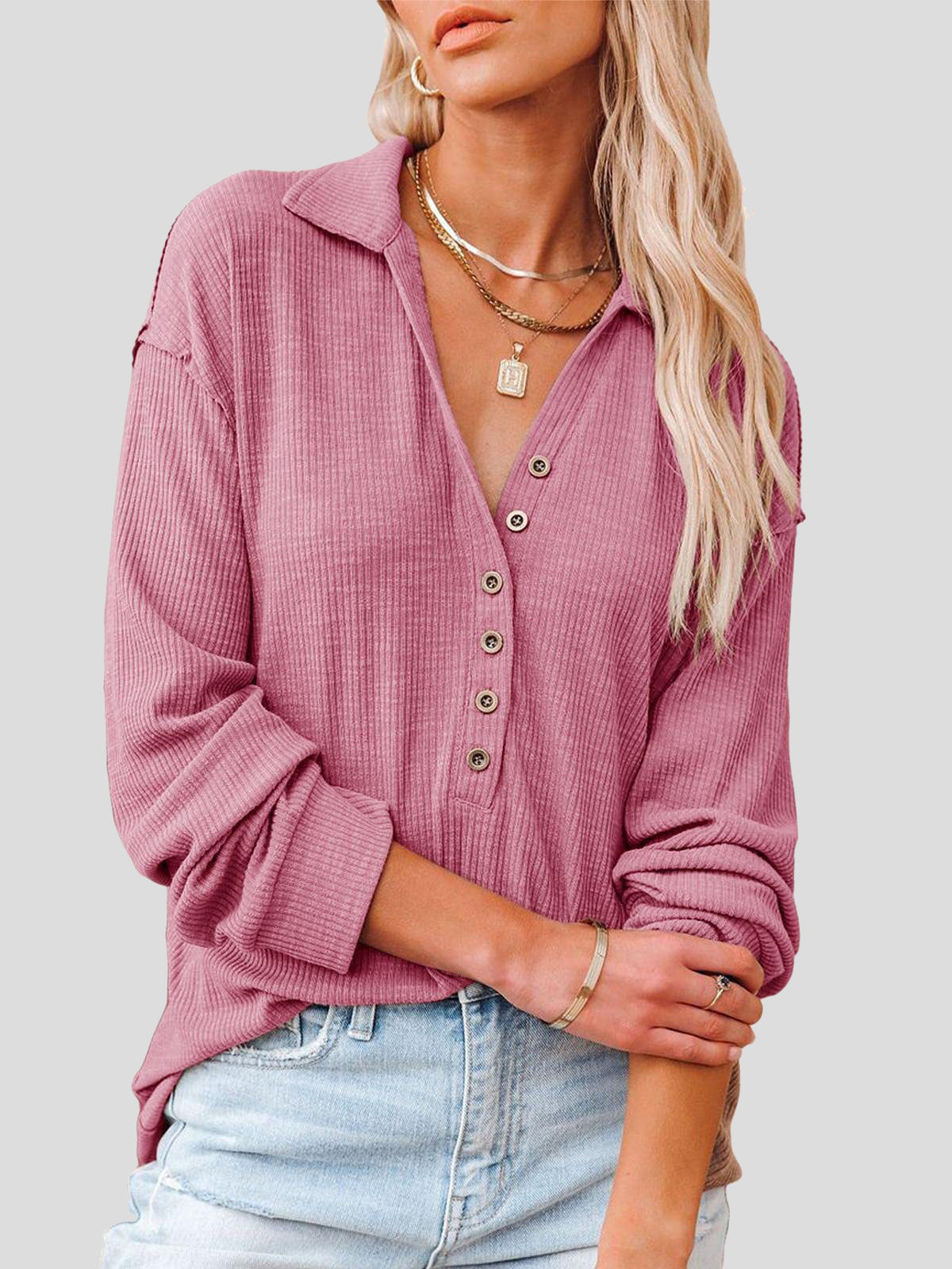 Lapel Fashion Buttoned Long Sleeve Blouses