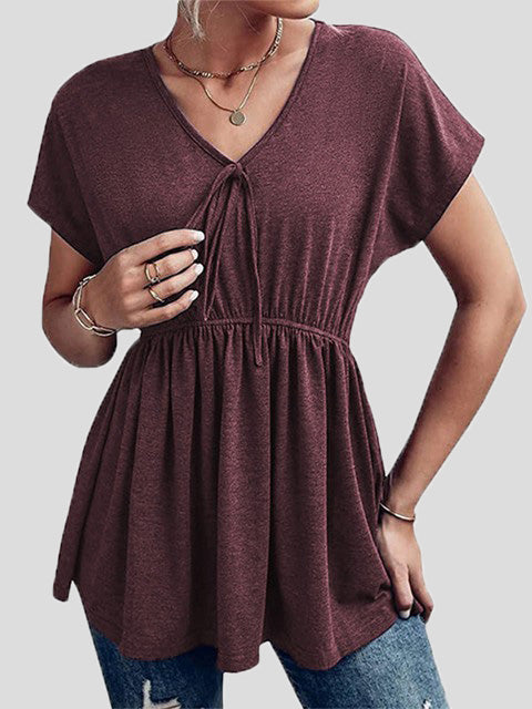 Women's T-Shirts Loose V-Neck Gathered Short Sleeve T-Shirt