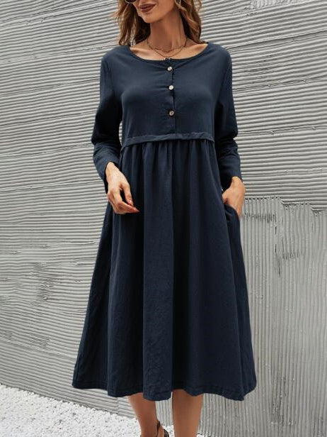 Women's Dresses Round Neck Button Pocket Mid-Sleeve Solid Dress