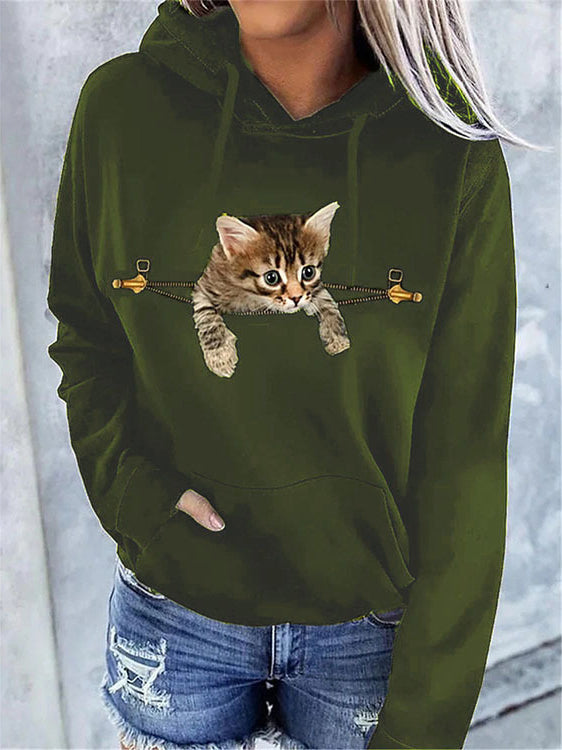 Women's Hoodies Cat Print Pocket Long Sleeve Hoodie