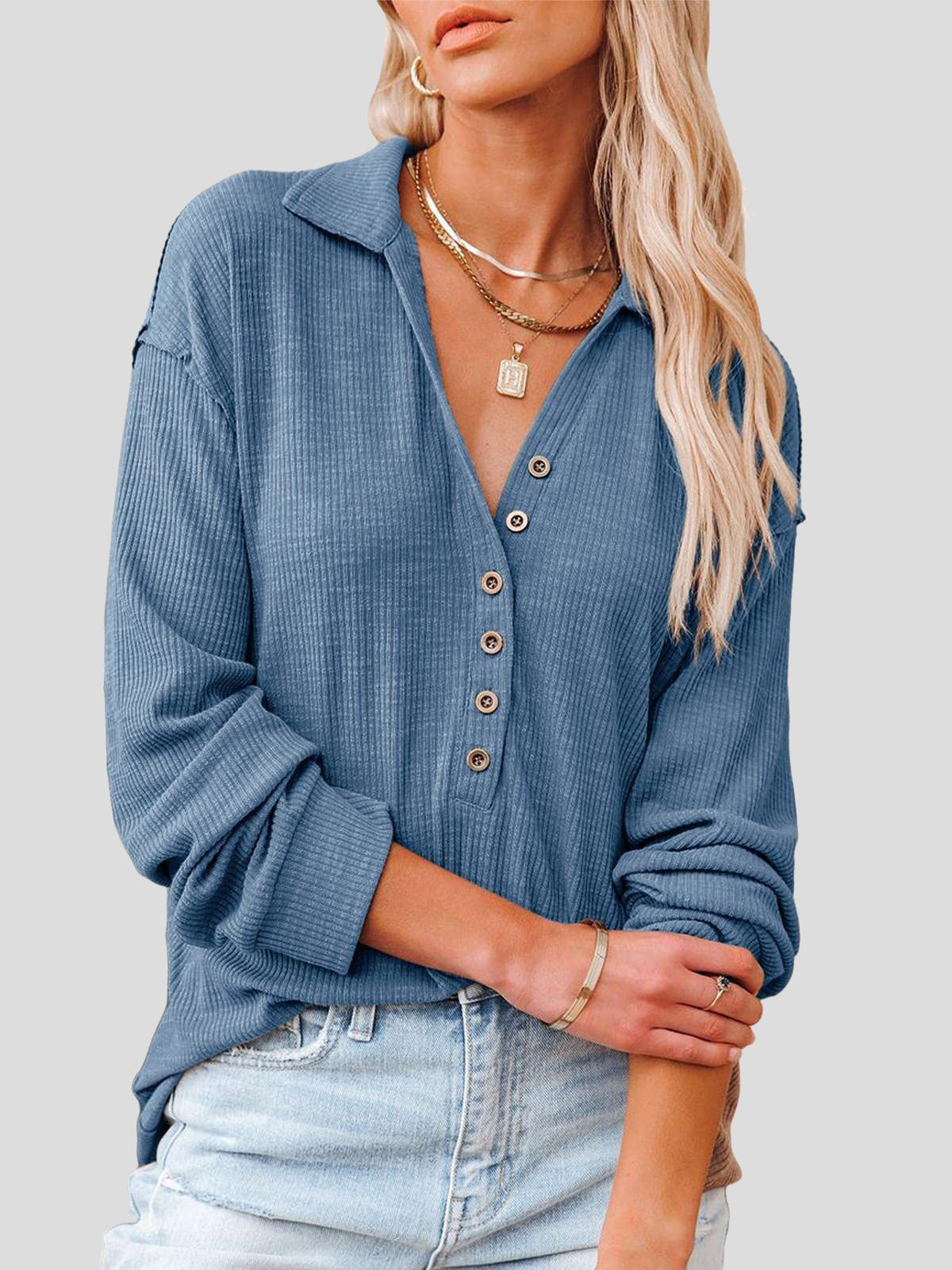 Lapel Fashion Buttoned Long Sleeve Blouses