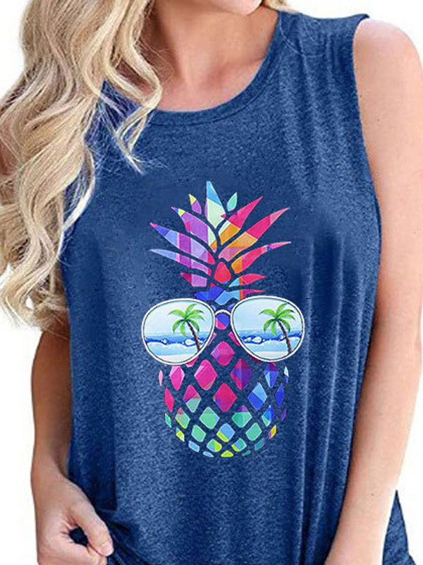 Colorful Pineapple Print Round Neck Sleeveless Tanks Top