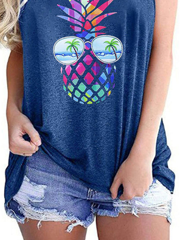 Colorful Pineapple Print Round Neck Sleeveless Tanks Top