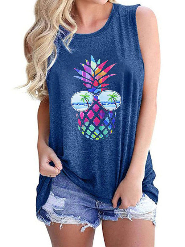Colorful Pineapple Print Round Neck Sleeveless Tanks Top