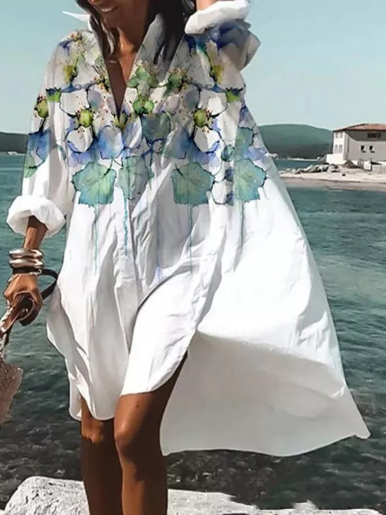 Women's Dresses Loose Lapel Printed Irregular Long Sleeve Shirt Dress