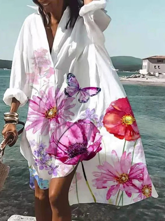 Women's Dresses Loose Lapel Printed Irregular Long Sleeve Shirt Dress