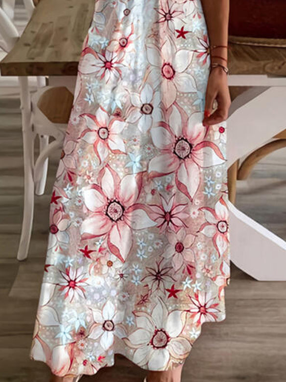 V Neck Floral Print Loose Maxi Dress