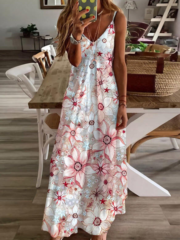 V Neck Floral Print Loose Maxi Dress