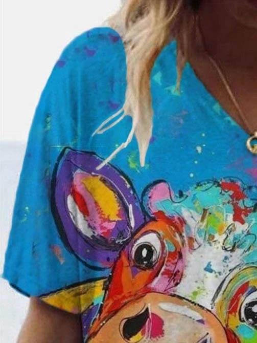 Animal Printed V-neck T-shirt - T-shirts - INS | Online Fashion Free Shipping Clothing, Dresses, Tops, Shoes - 08/06/2021 - Color_Blue - Color_Red