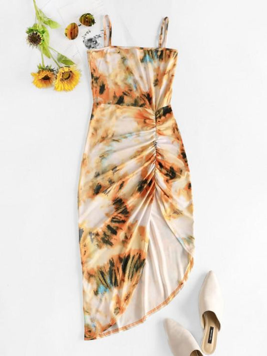 Asymmetric Tie Dye Ruched Bodycon Dress - INS | Online Fashion Free Shipping Clothing, Dresses, Tops, Shoes