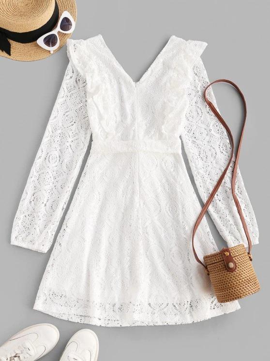Belted Ruffles Long Sleeve Lace Dress - Dresses - INS | Online Fashion Free Shipping Clothing, Dresses, Tops, Shoes - 02/09/2021 - Casual Dresses - Color_White