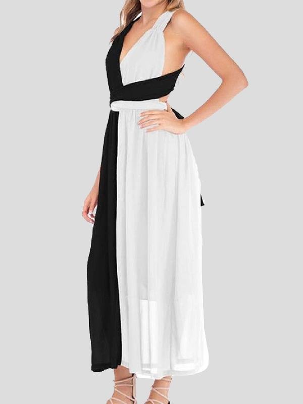 Black And White Stitching V-neck High Waist Dress - Maxi Dresses - INS | Online Fashion Free Shipping Clothing, Dresses, Tops, Shoes - 06/07/2021 - 10-20 - color-black