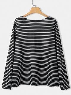 Black Cat Print Long Sleeve O-neck White Striped Plus Size T-shirt - Blouses - INS | Online Fashion Free Shipping Clothing, Dresses, Tops, Shoes - Blouses - Color_Black - GMC-black-cat-series