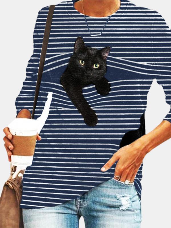 Black Cat Print Long Sleeve O-neck White Striped Plus Size T-shirt - Blouses - INS | Online Fashion Free Shipping Clothing, Dresses, Tops, Shoes - Blouses - Color_Black - GMC-black-cat-series