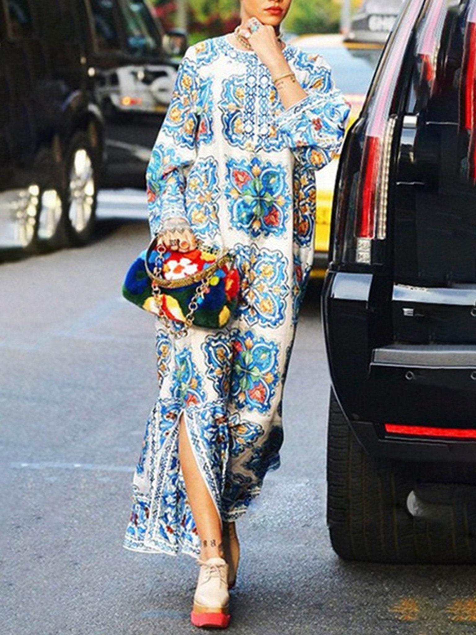 Blue And White Porcelain Print Long V Neck Dress - Maxi Dresses - INS | Online Fashion Free Shipping Clothing, Dresses, Tops, Shoes - 12/07/2021 - 30-40 - color-blue