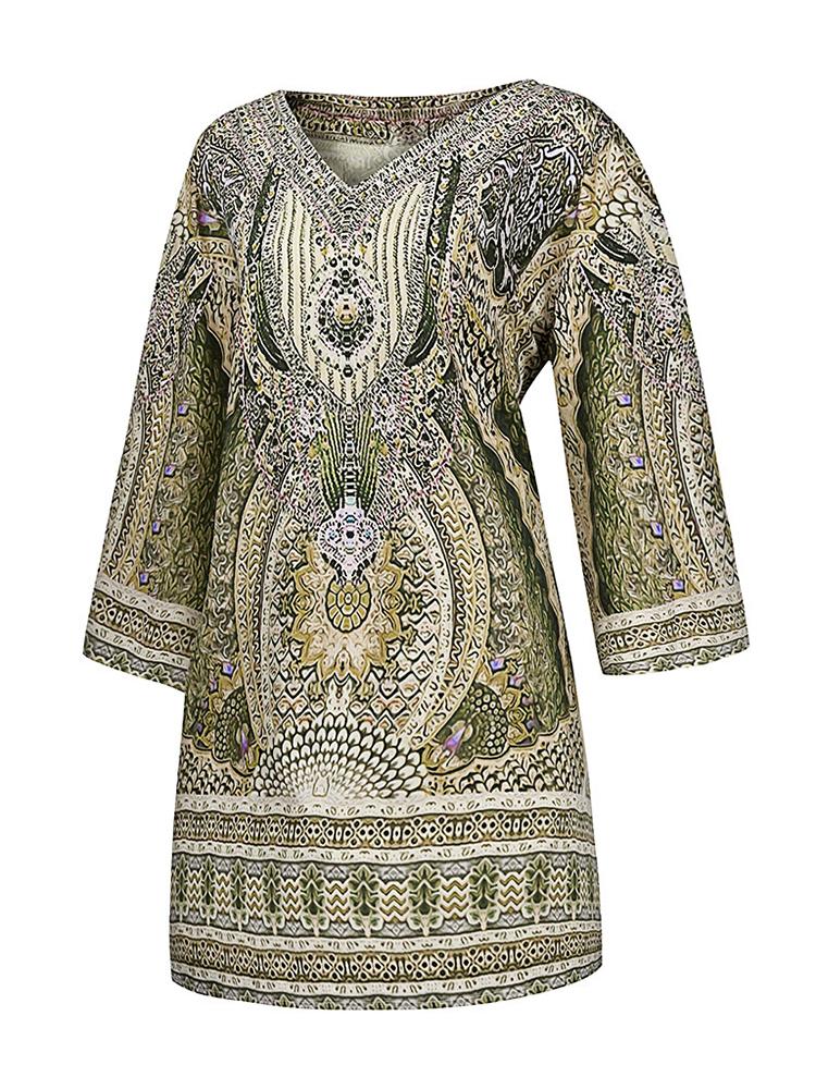 Bohemian V Loose Sleeve Printed Midi Vacation Dress - Midi Dresses - INS | Online Fashion Free Shipping Clothing, Dresses, Tops, Shoes - 22/04/2021 - Catagory_Midi Dresses - Color_Blue