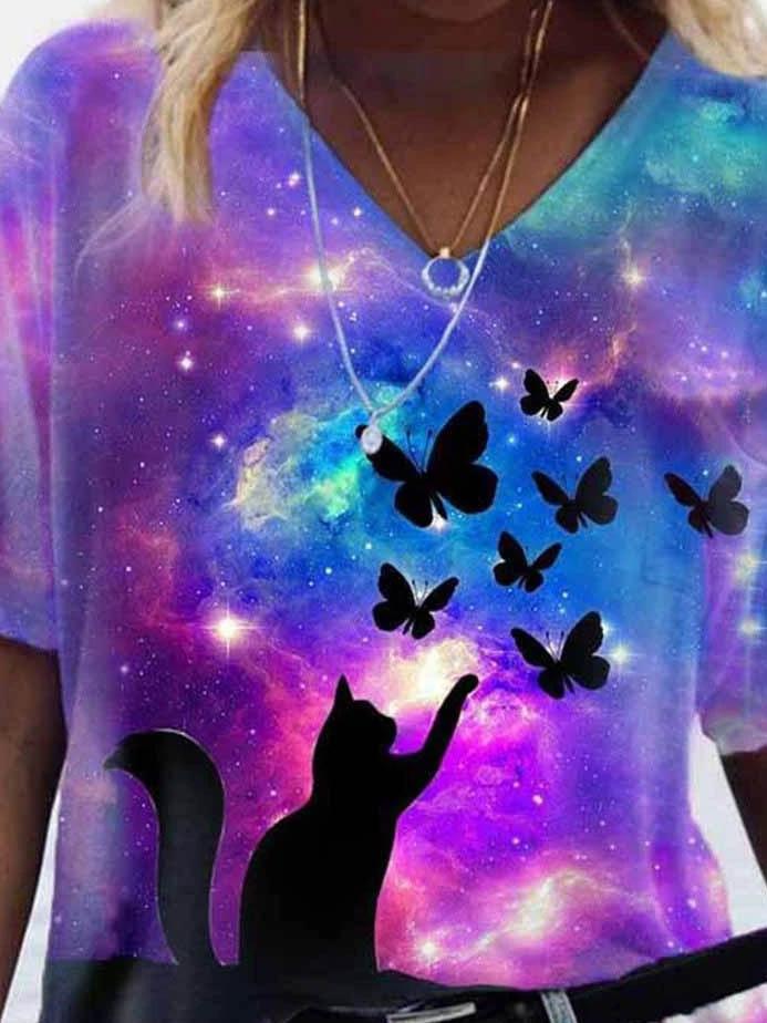 Butterfly & Cat Printed V-neck T-shirt - T-shirts - INS | Online Fashion Free Shipping Clothing, Dresses, Tops, Shoes - 08/06/2021 - Color_Purple - Size_2XL