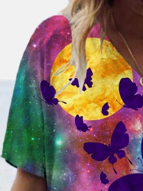 Butterfly & Cat Printed V-neck T-shirt - T-shirts - INS | Online Fashion Free Shipping Clothing, Dresses, Tops, Shoes - 08/06/2021 - Color_Purple - Size_2XL