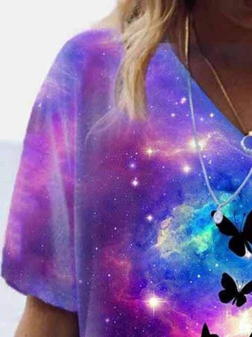 Butterfly & Cat Printed V-neck T-shirt - T-shirts - INS | Online Fashion Free Shipping Clothing, Dresses, Tops, Shoes - 08/06/2021 - Color_Purple - Size_2XL