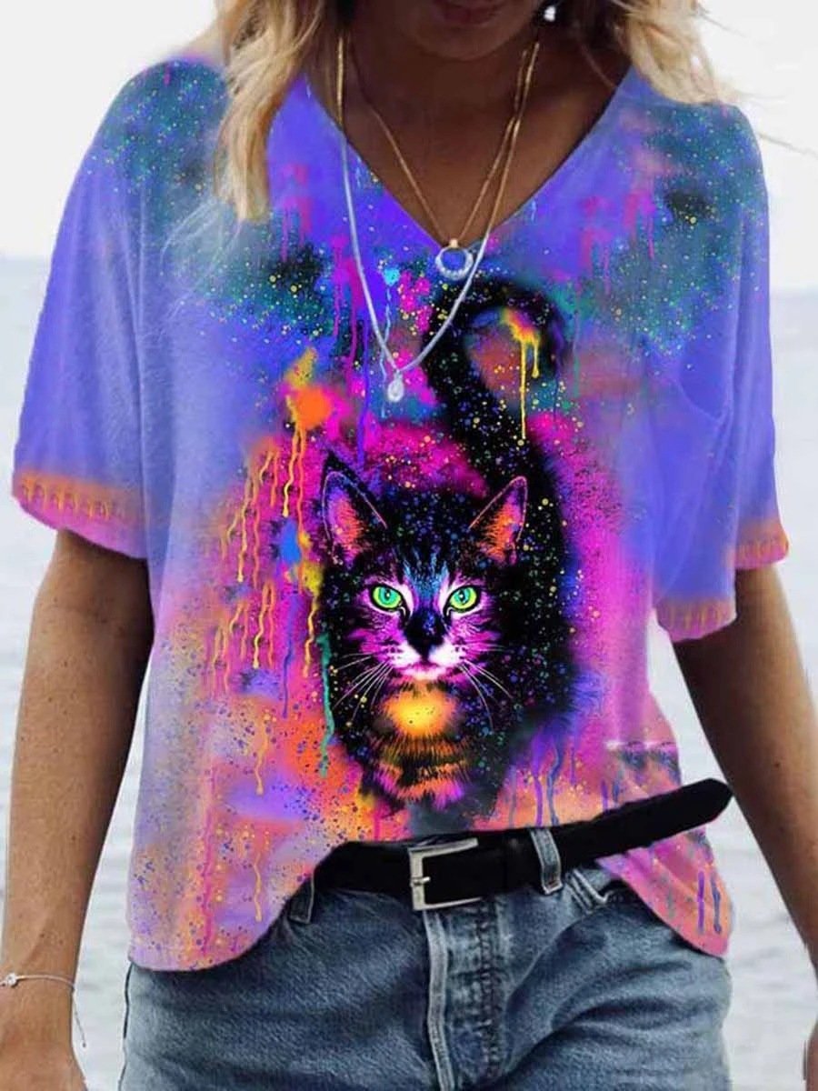Butterfly & Cat Printed V-neck T-shirt - T-shirts - INS | Online Fashion Free Shipping Clothing, Dresses, Tops, Shoes - 08/06/2021 - Color_Purple - Size_2XL