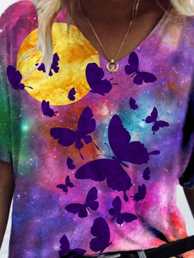 Butterfly & Cat Printed V-neck T-shirt - T-shirts - INS | Online Fashion Free Shipping Clothing, Dresses, Tops, Shoes - 08/06/2021 - Color_Purple - Size_2XL