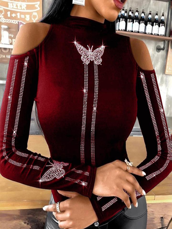 Butterfly Diamond Round Neck Off-shoulder Long Sleeves T-shirt - T-shirts - INS | Online Fashion Free Shipping Clothing, Dresses, Tops, Shoes - 12/07/2021 - 20-30 - color-black