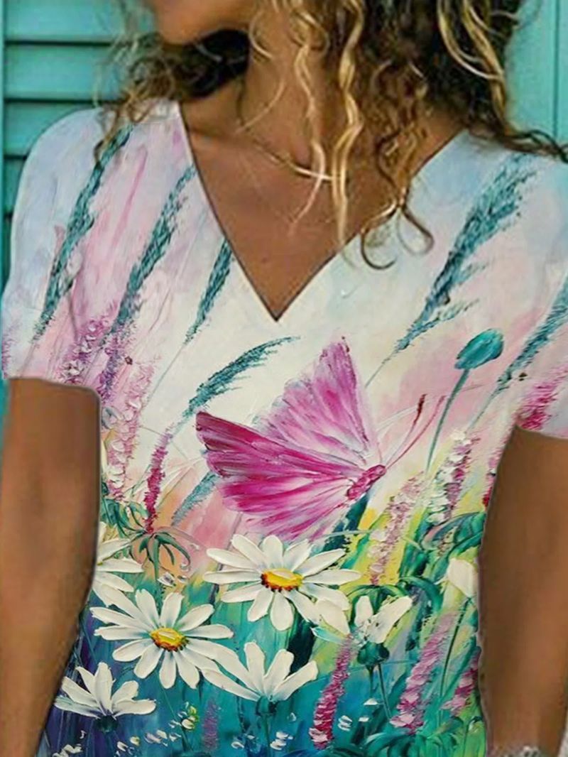 Butterfly Flower Print Loose V-neck Short Sleeve T-shirt - T-Shirts - INS | Online Fashion Free Shipping Clothing, Dresses, Tops, Shoes - 03/06/2021 - Category_T-Shirts - Color_Multicolor