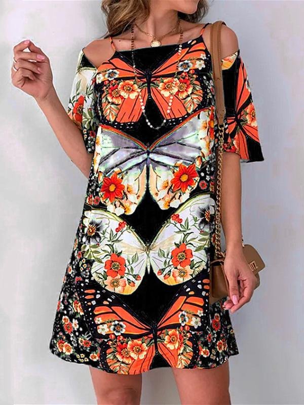 Butterfly Print Cutout Short Sleeve Dress - Mini Dresses - INS | Online Fashion Free Shipping Clothing, Dresses, Tops, Shoes - 10/06/2021 - Category_Mini Dresses - Color_Black