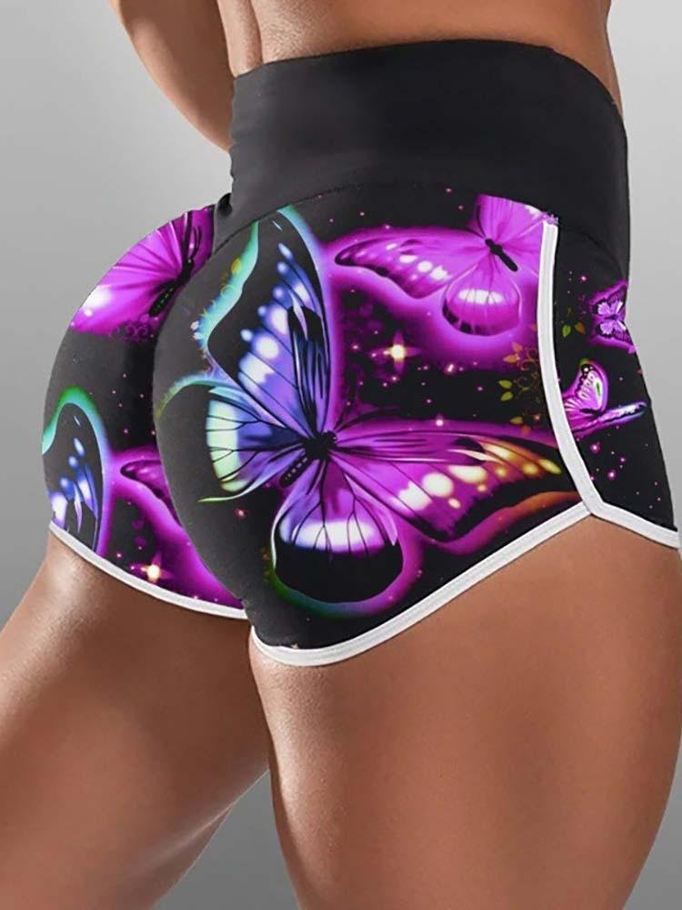 Butterfly Print High Waist Active Shorts - Yoga Shorts - INS | Online Fashion Free Shipping Clothing, Dresses, Tops, Shoes - 30/04/2021 - Color_Black - Pants Length_Short