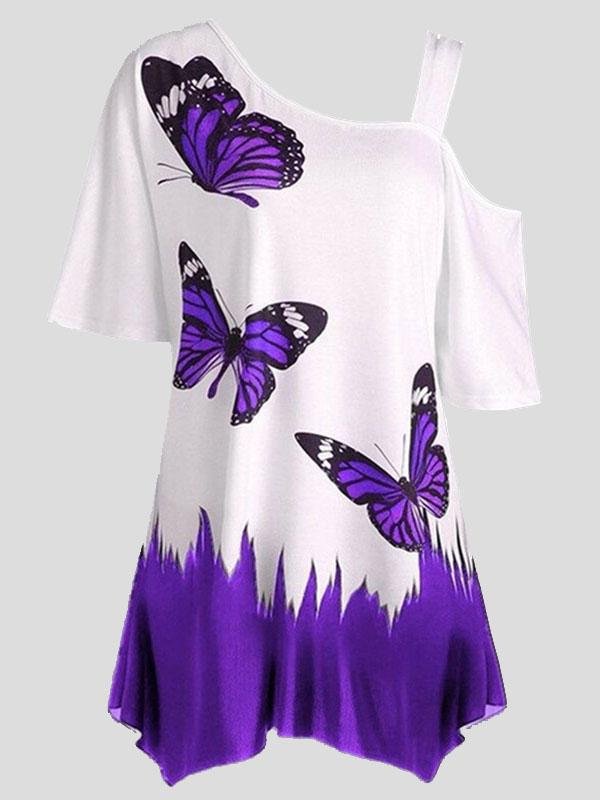 Butterfly Print One-shoulder Short-sleeved T-shirt - T-shirts - INS | Online Fashion Free Shipping Clothing, Dresses, Tops, Shoes - 10-20 - 15/07/2021 - color-black