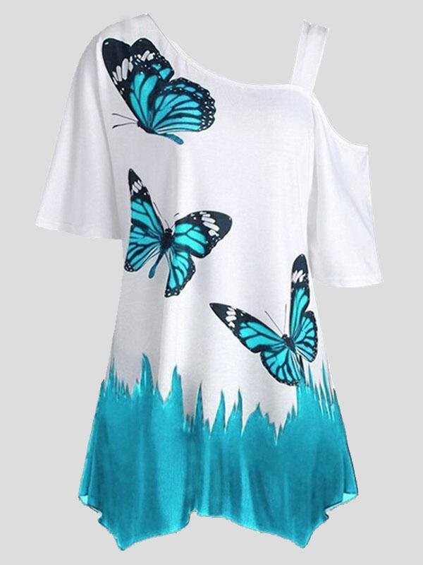 Butterfly Print One-shoulder Short-sleeved T-shirt - T-shirts - INS | Online Fashion Free Shipping Clothing, Dresses, Tops, Shoes - 10-20 - 15/07/2021 - color-black
