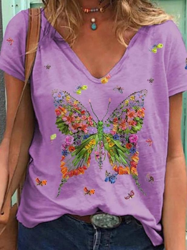 Butterfly Print Short-sleeved V-neck Casual T-shirt - T-shirts - INS | Online Fashion Free Shipping Clothing, Dresses, Tops, Shoes - 10-20 - 22/06/2021 - color-blue