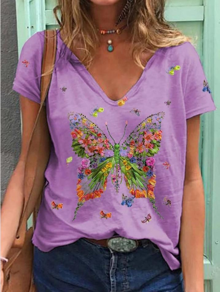 Butterfly Print Short-sleeved V-neck Casual T-shirt - T-shirts - INS | Online Fashion Free Shipping Clothing, Dresses, Tops, Shoes - 10-20 - 22/06/2021 - color-blue