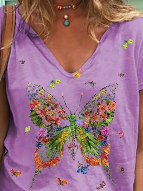 Butterfly Print Short-sleeved V-neck Casual T-shirt - T-shirts - INS | Online Fashion Free Shipping Clothing, Dresses, Tops, Shoes - 10-20 - 22/06/2021 - color-blue