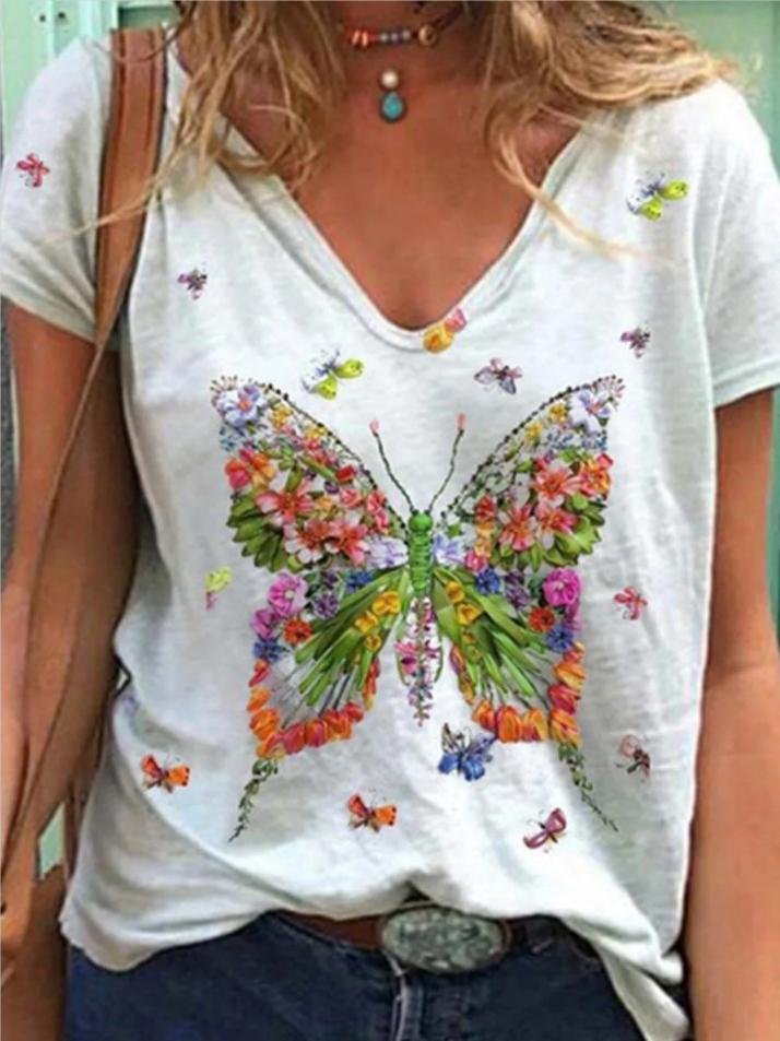 Butterfly Print Short-sleeved V-neck Casual T-shirt - T-shirts - INS | Online Fashion Free Shipping Clothing, Dresses, Tops, Shoes - 10-20 - 22/06/2021 - color-blue