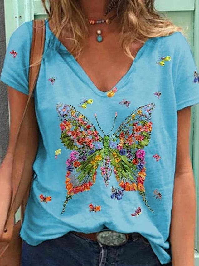 Butterfly Print Short-sleeved V-neck Casual T-shirt - T-shirts - INS | Online Fashion Free Shipping Clothing, Dresses, Tops, Shoes - 10-20 - 22/06/2021 - color-blue