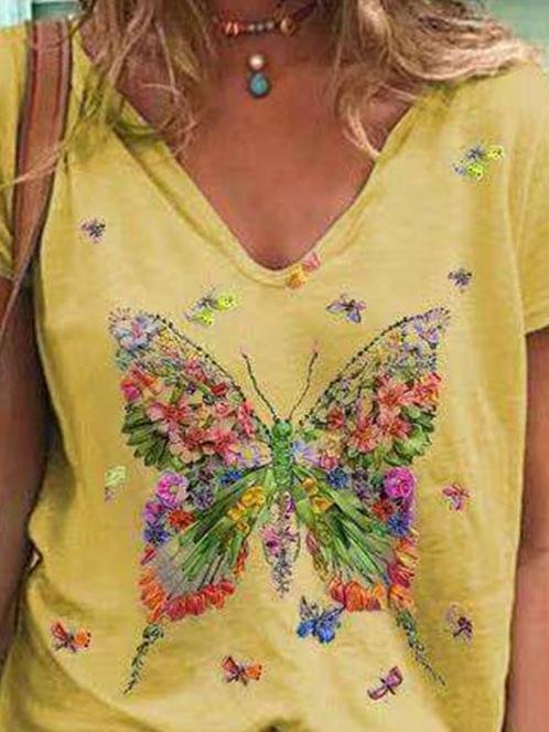Butterfly Print Short-sleeved V-neck Casual T-shirt - T-shirts - INS | Online Fashion Free Shipping Clothing, Dresses, Tops, Shoes - 10-20 - 22/06/2021 - color-blue