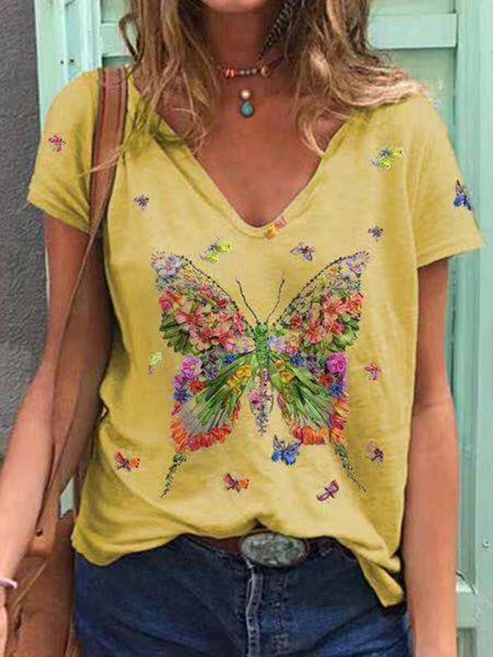 Butterfly Print Short-sleeved V-neck Casual T-shirt - T-shirts - INS | Online Fashion Free Shipping Clothing, Dresses, Tops, Shoes - 10-20 - 22/06/2021 - color-blue