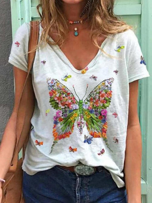Butterfly Print Short-sleeved V-neck Casual T-shirt - T-shirts - INS | Online Fashion Free Shipping Clothing, Dresses, Tops, Shoes - 10-20 - 22/06/2021 - color-blue