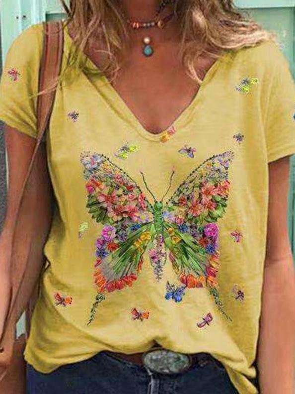 Butterfly Print Short-sleeved V-neck Casual T-shirt - T-shirts - INS | Online Fashion Free Shipping Clothing, Dresses, Tops, Shoes - 10-20 - 22/06/2021 - color-blue