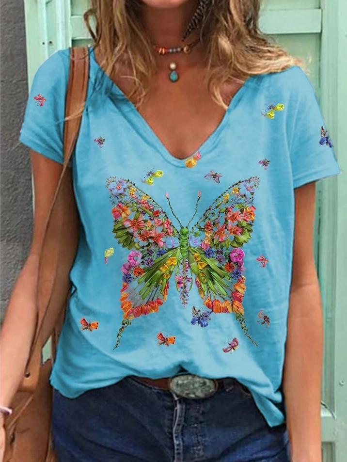 Butterfly Print Short-sleeved V-neck Casual T-shirt - T-shirts - INS | Online Fashion Free Shipping Clothing, Dresses, Tops, Shoes - 10-20 - 22/06/2021 - color-blue