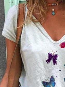 Butterfly Print Short-sleeved V-neck T-shirt - T-shirts - INS | Online Fashion Free Shipping Clothing, Dresses, Tops, Shoes - 10-20 - 22/06/2021 - color-blue